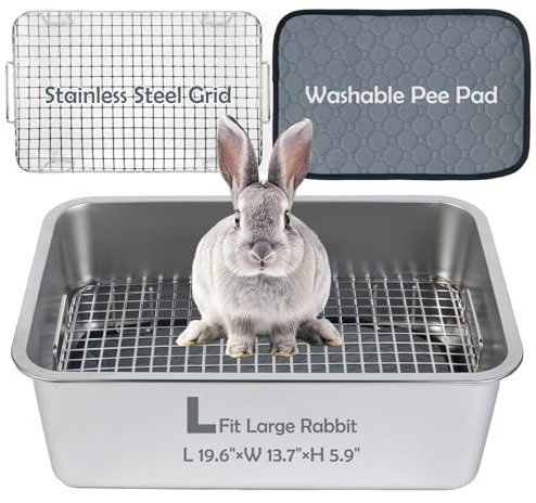 MEEXPAWS Rabbit Litter Box Stainless Steel, Large Bunny Litter Box with Raised Grid and Washable Pee Pad, Metal Litter Pan High Side for Rabbit,Small Animal Toilet Potty Tray Easy Cleaning,Less Stink
