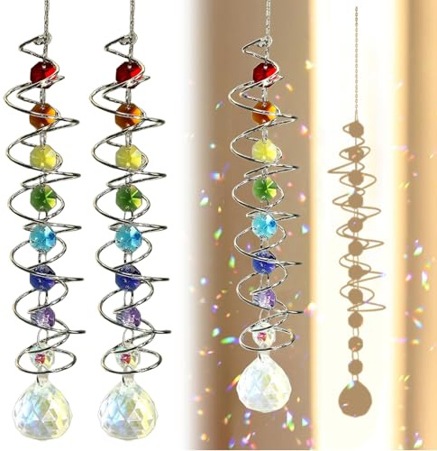 SHYSBV 2 Stück Kristall Sonnenfänger, Kristall Windspiel mit Doppelspirale, Suncatcher Fensterdeko, Windspiele für Draußen Hängend, Sonnenfänger für Fenster und Garte