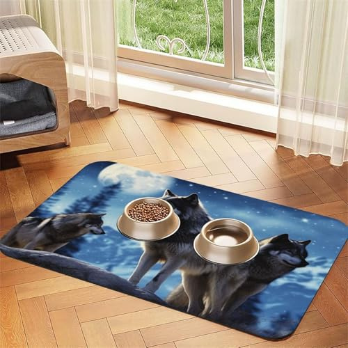 Wolfs Hundefuttermatten für Böden, 30,5 x 45,7 cm, rutschfeste, super saugfähige Haustierfuttermatte, Geschirrspüler-Hundematte für Futter und Wasser, niedlich, Gummi, schnell trocknend