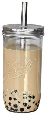 GUTUYEHKEA Tasse en Verre Transparent de Grande capacité, résistante à la Chaleur, avec Couvercle et Paille, Verres à thé au Lait Boba, Tasse à café, jus de Boisson Froide(Style a)