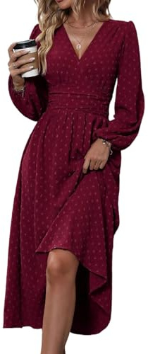 HUXRAKV Casual Wrap Dresses for Women UK Elegante Ladies V Neck Long Lantern Sleeve Ruffled Waist Maxi Party Dress,37-Red,XL