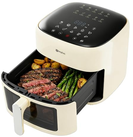 Simplus Heißluftfritteuse Airfryer 6,5L cremeweiß, Sichtfenster & Shake-Reminder, 1500W, 85% weniger Fett, energiesparend, Touchscreen, 10 Programme, Antihaft, Auto-Abschaltung, leichte Reinigung