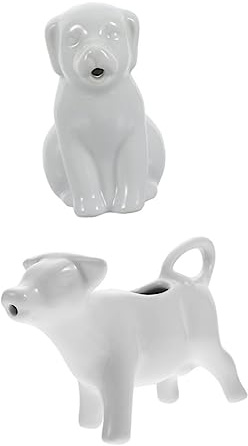 KOCKSHION 2pcs Ceramic Creamer Jug Set Animal Shape Milk Jug White Dog and Cow Hand-Painted 40ml Each Porcelain Sauce Pitcher for Coffee and Tea Serving