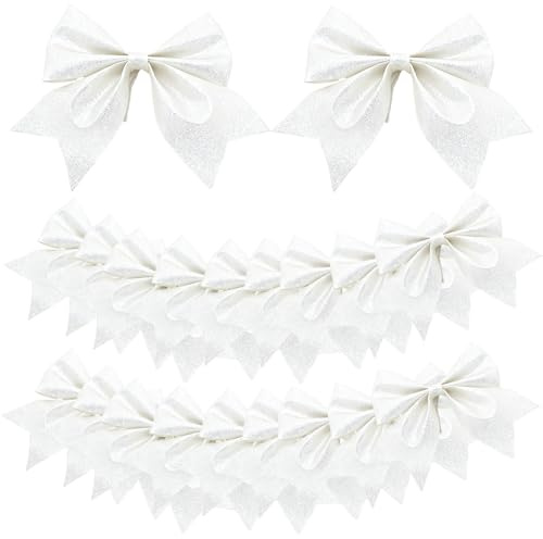 Ruolin 20 Stück Weihnachtsbaumschmuck Schleifen Weiß, Weihnachtsbaum Deko Bogen Schleifen Weihnachten Glitzer Deko für Weihnachtsbaumschmuck