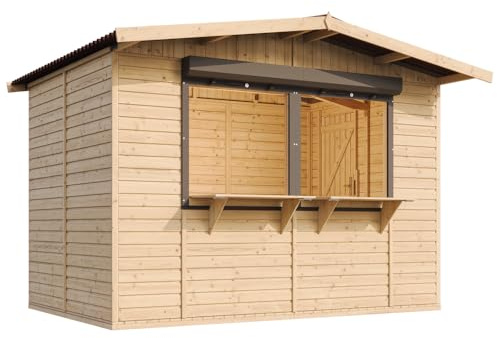 TIMBELA M150Z Casa da giardino in legno, bancarella da mercato in legno, grande supporto da venditore, con piano di lavoro, 263 x 336 cm, facile da montare e smontare, bar da giardino, capanno da