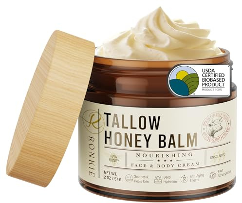 Beef Tallow Skin Care Moisturizer: 100% Grass-Fed Beef Tallow and Raw Honey Balm for Face and Body - Unscented Natural Tallow Face Cream Soft Smooth for Dry Skin and Eczema 2oz