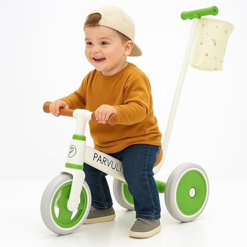 PARVULI Triciclo Evolutivo 3 en 1 para Niños de 3 a 8 Años – Triciclo con Empuje, Independiente y Bicicleta de Equilibrio – Ajustable, Ligero y Resistente hasta 30 kg (Verde)