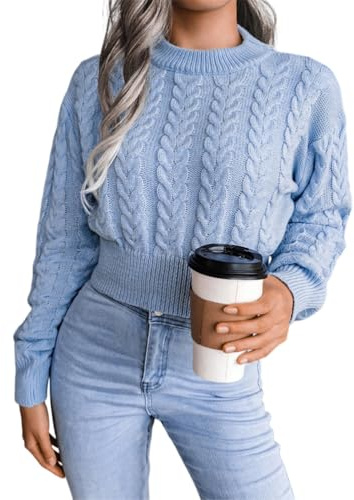 shownicer Maglione da Donna Lavorato a Maglia Sexy Corto Girocollo a Maniche Lunghe Elegante Basic Pullover Sweater D Blu M