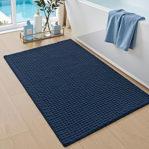 DEXI Tappeto Bagno in Ciniglia 40 x 60 cm, Tappetino Antiscivolo e Assorbenteo, Tappeti Lavabile e Morbido per la Lavandino, Ingresso del Doccia, Blu