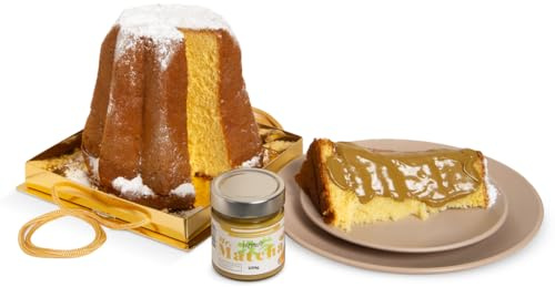 Pandoro Artigianale con Crema Spalmabile al Tè Matcha e Nocciole, 1,25 kg – Confezione Regalo Box di Natale Gourmet