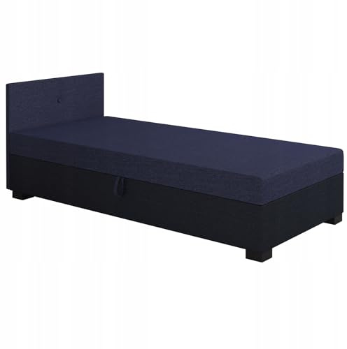 TAPCZANY24 - Boxspringbett Lola 90x200 cm mit Schaumstoff Matratze | Bett mit Matratze, Polsterbett mit Bettkasten, Gepolstertes Einzel Bett, Schlafsofa - Denim mit Marineblau