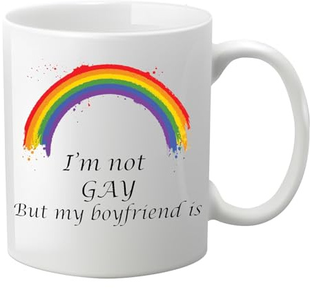 Brew Crew Gifts Pride Rainbow Coffee Mug with Humorous LGBTQ+ Text, White Ceramic, Paint-Style Rainbow Design, Microwave and Dishwasher Safe 'Im not Gay But My Boyfriend is'