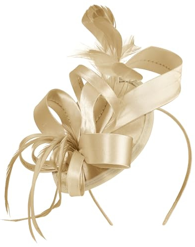 Century Star Kentucky Fascinator-Derby Hats for Women 2026 - Feather & Ribbon Hair Clip Headband Tea Party Wedding Church Hat Gold