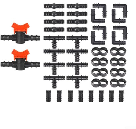 Kit de accesorios de riego por goteo – 42 piezas de accesorios de sistema de goteo de jardín para tubos de 1/2 pulgada, incluye válvulas de interruptor, acoplamientos, camisetas, codos y cierre final