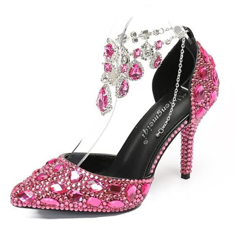 Générique Femmes Bride Cheville Et Strass Escarpins De Bal De Fête Bout Pointu Chaussures De Robe De Mariage Talons Aiguille Hauts Chaussures De Mariée De Demoiselle d'honneur,Fuchsia,35.5 EU