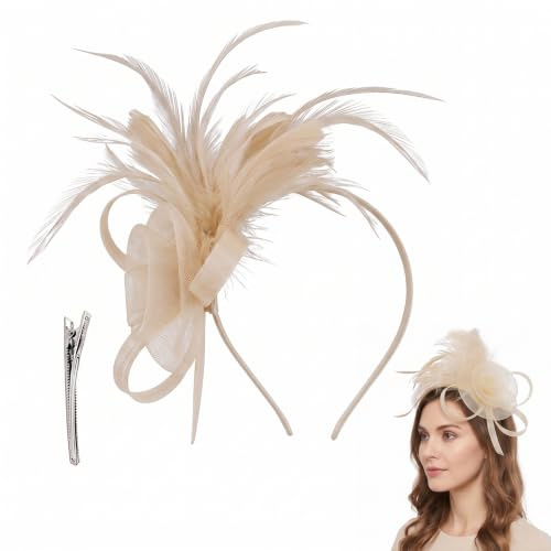 WADUBI Beige krämfärgad hårklämma fascinator, vintage spetsfjädernätshatt, bröllop, cocktail, trädgårdste, en storlek