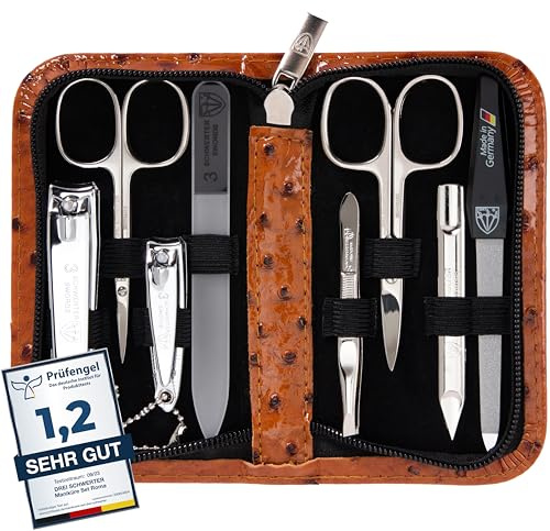 DREI SCHWERTER - Maniküreset 'Roma' - Nageletui mit 8 Instrumenten: Nagelschere, Hautschere, Fuß/Finger-Nagelknipser, Nagelreiniger, Pinzette, Glasnagelfeile, Saphirnagelfeile - cognac/straussoptik