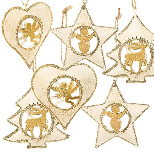 Logbuch-Verlag 6 edle Weihnachtsbaum Anhänger Gold weiß Metallanhänger Baumschmuck 7 cm Weihnachtsanhänger Christbaumschmuck