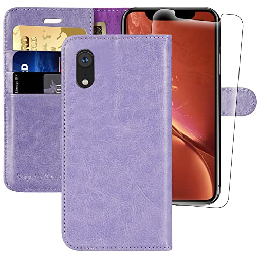iPhone XR Wallet Case,6.1-inch,MONASAY [Glass Screen Protector Included] Flip Folio Leather Cell Phone Cover with Credit Card Holder for Apple iPhone XR,Lavenders