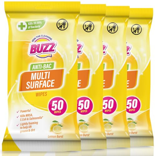 Buzz 200pk Anti-Bac Multisurface Wipes, 18cm x 19cm Lemon Scented Cleaning Wipes for Kitchen, Home & Office Surfaces, Multi-Purpose Surface Cleaner, Streak-Free, Quick-Drying, Remove Grease & Dirt