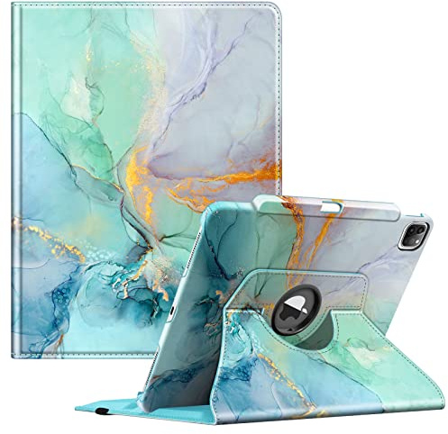 FINTIE Fodral för iPad Pro 12.9 2022/2021/2020/2018 (6e/5e/4e/3:e generationen) - [Pencilförvaring] 360° roterande standbyväska/väckarklocka, svängbar ficka, smaragdmarmor