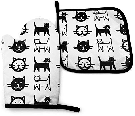 Handgezeichnete Schwarze Katzen Ofenhandschuhe und Topflappen 2er-Set, Strapazierfähige Handschuhe mit Aufhängeöse Hitzebeständig zum Schutz von Händen und Oberflächen, zum Backen, Kochen, Grillen