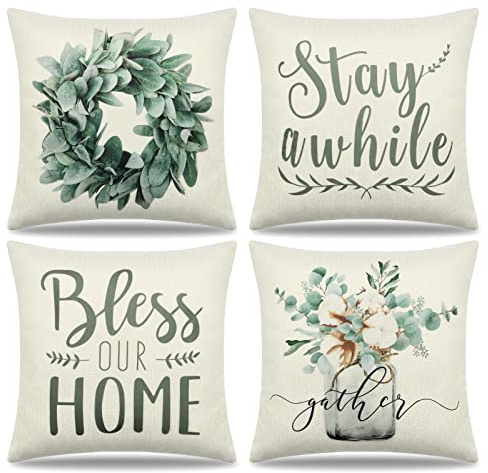 Dremisland 4er Set Outdoor Kissenbezüge 45x45 Grün Kissenbezug Eukalyptus Kranz Vase Zierkissen Leinen Couchkissen Sommer Dekokissen Kissen Outdoor Deko Für Sofakissen Cafe Garten Haus
