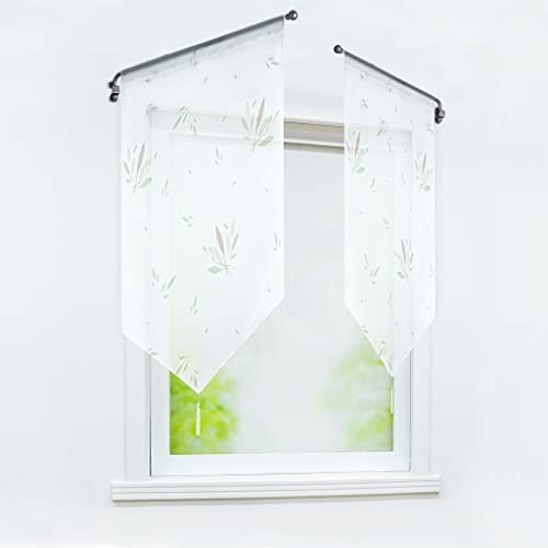 Joyswahl Brise Bise Transparent Passe Tringle avec Feuilles Verts Decor de Cuisine Chambre Tissu Souple 1 Pièce Blanc LxH 40x90cm