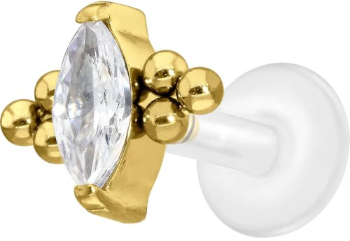 PIERCINGLINE PTFE Labret mit Gewinde Titan Aufsatz KRISTALLTROPFEN + 6 KUGELN Piercing Lippe Nase Ohr Helix Tragus Medusa Goldfarben 1,2 x 5 mm