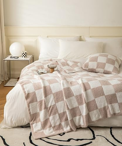 Ultra Soft Cozy Buffalo Checkerboard Grid Fluffy Microfiber Queen Size 90X90 Bed Blanket Duvet Cover Checkered Knitted Blanket Lightweight Fleece for Sofa Couch Bed Travel Cream