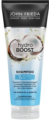John Frieda Hydro Boost Shampooing – Volume : 250 ml – Type de cheveux : secs, cassants – Hydratation intense