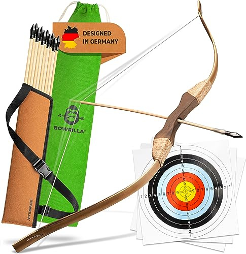 BOWRILLA® Wooden Bow and Arrow for Kids with 10 Arrows, Quiver, 3 Targets & Storage Bag | Kids Bow and Arrow Set for Right- and Left-Handers | Indoor and Outdoor Toys for Children Boys & Girls