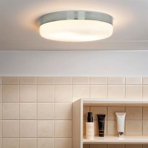 Licht-Erlebnisse Runde Deckenlampe Chrom Glas – Deckenleuchte flach Ø29 cm – Küchenlampe modern – Badezimmerlampe Decke – Deckenleuchte für Bad und Flur