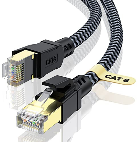 CABNEER Cat 8 Ethernet Cable 40M, High-Speed Gigabit Braided RJ45 LAN Patch Cord, 40Gbps 2000Mhz, Lan Network Cable Compatible for Modem, Router, Faster than Cat7