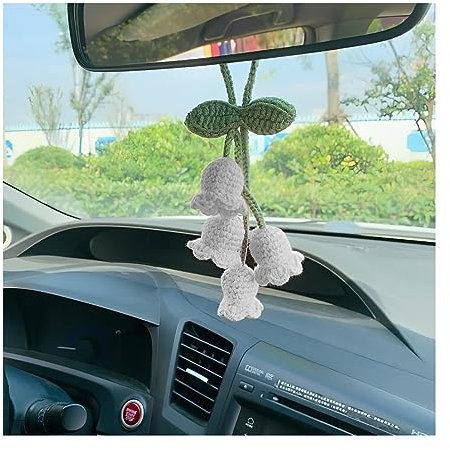JNNJ Rétroviseur De Voiture Accessoire à Suspendre, Crochet Campanule Voiture Pendentif Ornement, Accessoires Décoration Voiture Tricotés à La Main, Breloque de Voiture pour Les Femmes(Blanc)