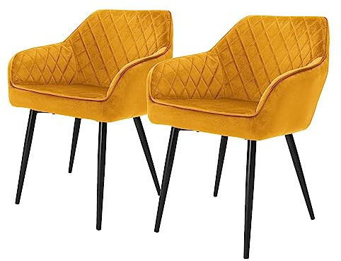 ML-Design Esszimmerstühle 2er Set mit Samtbezug, Senfgelb, Küchenstuhl mit Armlehne und Rückenlehne, Polsterstuhl mit Stahlgestell, Ergonomischer Stuhl für Esstisch, Esszimmerstuhl, Wohnzimmerstuhl