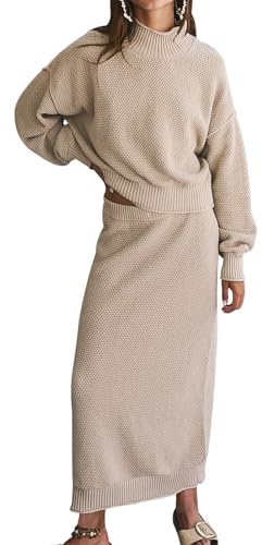 FACDIBY Damen 2 Stück Pullover Rock Set Casual Langarm Rollkragen Pullover Bleistiftrock Outfits Lounge Sets