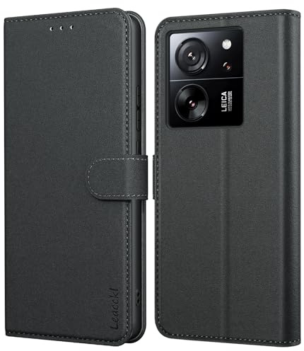 Leacckl Handyhülle für Xiaomi 13T Hülle, Xiaomi 13T Pro Hülle, Premium PU Leder Brieftasche Stoßfeste [Magnet] [Standfunktion] [Kartenfächern] Schutzhülle Klapphülle Flip Case, Schwarz