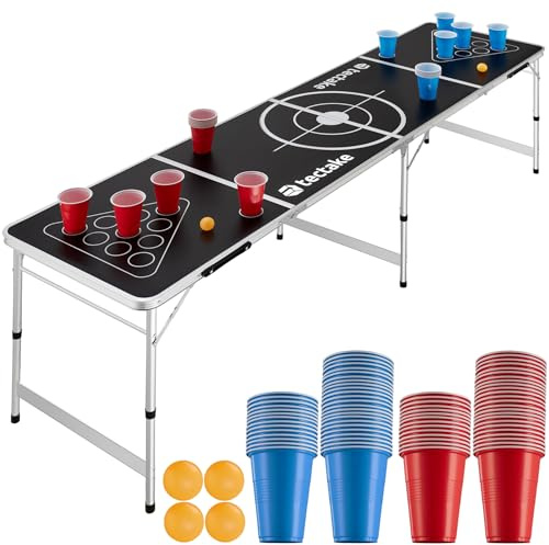 tectake® Beerpong Bord, Hopfällbar och Höjdjusterbar med Bärhandtag, Festbord, Beerpong Set, Fällbord, Rostsäker Aluminiumram, Fällfunktion, Lätt att Rengöra, Inkluderar Muggar och Bollar