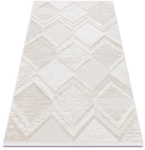 rugsx Alfombra Eco SISAL Boho Pastillas, Zigzag Flecos - Dos Niveles de vellón Beige/Creme, Alfombra reciclada 136x190 cm