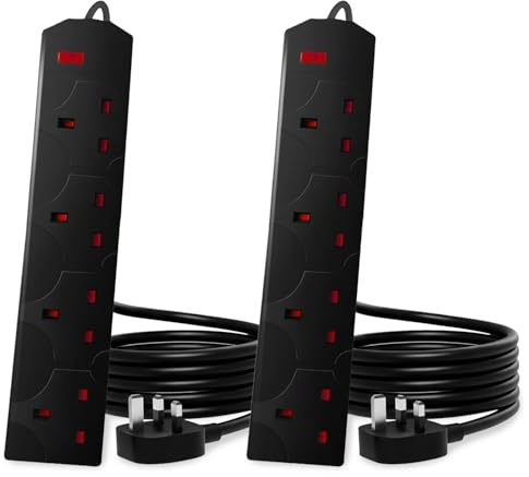 Roe Tenpo 4 Gang 2 Metre Extension Lead UK Pin Plug And Cable | 250v Power Adapter Multi Plug Extension Socket Strip For Home And Office | Wall Mountable Extension Cable (Black - 2 Pack)