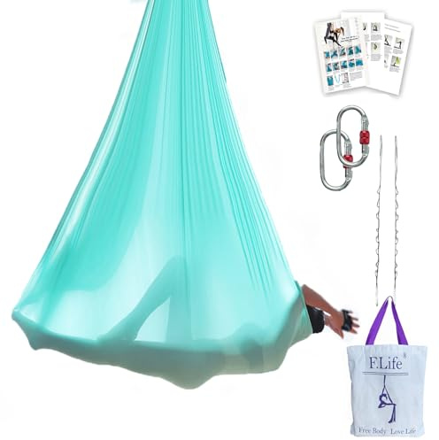 F.Life Aerial Yoga Hammock 6.5 yards Premium Aerial Sling Silk Fabric Yoga Swing for Antigravity Inversion Include Daisy Chain,Carabiner and Pose Guide (Turquoise)