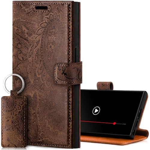 SURAZO Handyhülle für Samsung Galaxy S24 Ultra Hülle Leder – Klappbare Echtleder Schutzhülle [Magnet, Kartenfach, RFID Schutz, Blumenmuster] Flip Klapphülle Wallet Case Cover Lederhülle (Braun)