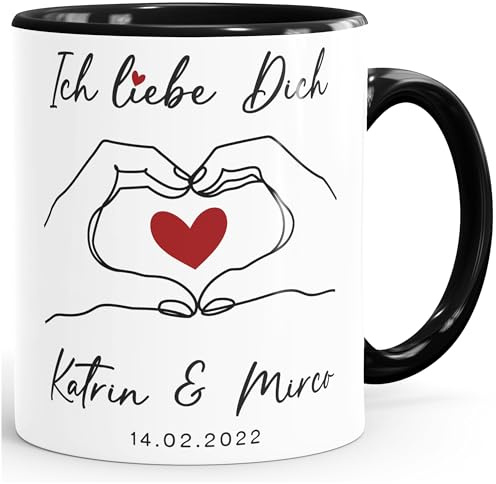 SpecialMe® Kaffee-Tasse Ich liebe Dich Hände Herz Personalisiert mit Namen und Wunschdatum Weiss-innen-schwarz standard