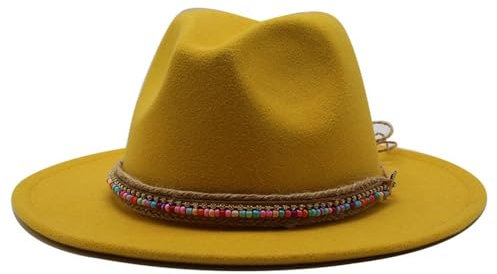 NOAMED Fengyan Mützen, einfache Wolle, Vintage-Fedora-Hut, Winter, Herbst, Dame, Trilby, Filzhut, breite Krempe, Jazz-Kirchenkappe, gelb, 6 7/8-7 1/8