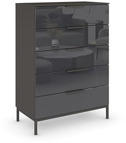Rauch Möbel Flipp, Kommode, Farbe Glas Basalt/Graphit, Breite 80 cm | Sideboard, 5 Schubladen, Soft-Close, Griffe, Metallkufe Graphit für Schlafzimmer, Gästezimmer, Wohnzimmer