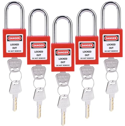ALLOMN Candado de bloqueo de seguridad, 5 cerraduras rojas de 38 mm, 2 llaves cada una, alta seguridad industrial, resistente a la corrosión, aislado para fabricación de maquinaria, interruptores de