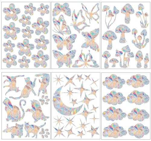 LELE LIFE 70Pcs Window Stickers for Birds Strike Prevention, 6 Patterns Anti Collision Rainbow Window Clings, Prism Sun Catchers Indoor Window Decals for Glass Windows