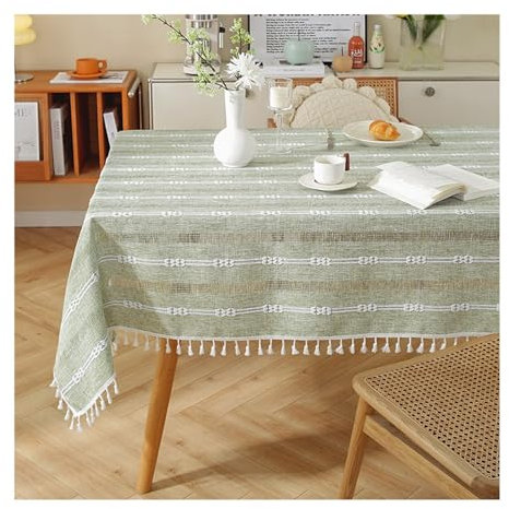 Lieson Rechteckige Tischdecken 100x160 cm, Polyester Tischwäsche Abwaschbar Gewebte Hohl Gestreift Muster mit Fransen Tischdecke für Wohnzimmer, Esszimmer, Balkon, Garten, Grün