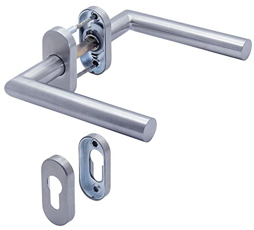 APECS Maniglia ovale per porta in acciaio inox per porta d'ingresso e porte interne con rosetta per chiavi, cilindro profilato, modello L H-0904+PZ